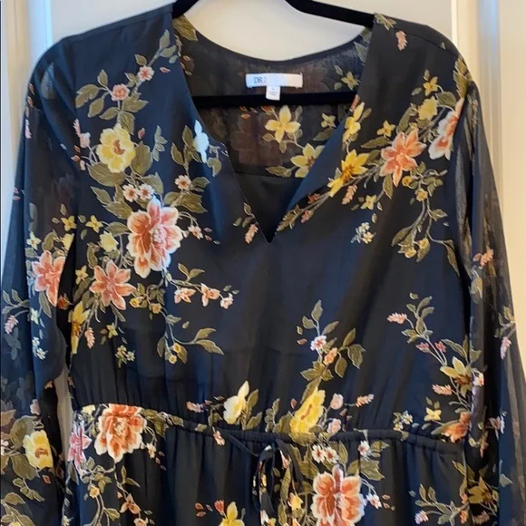 Black and Flowered Dress Tie Waist Sz L - Picture 4 of 5